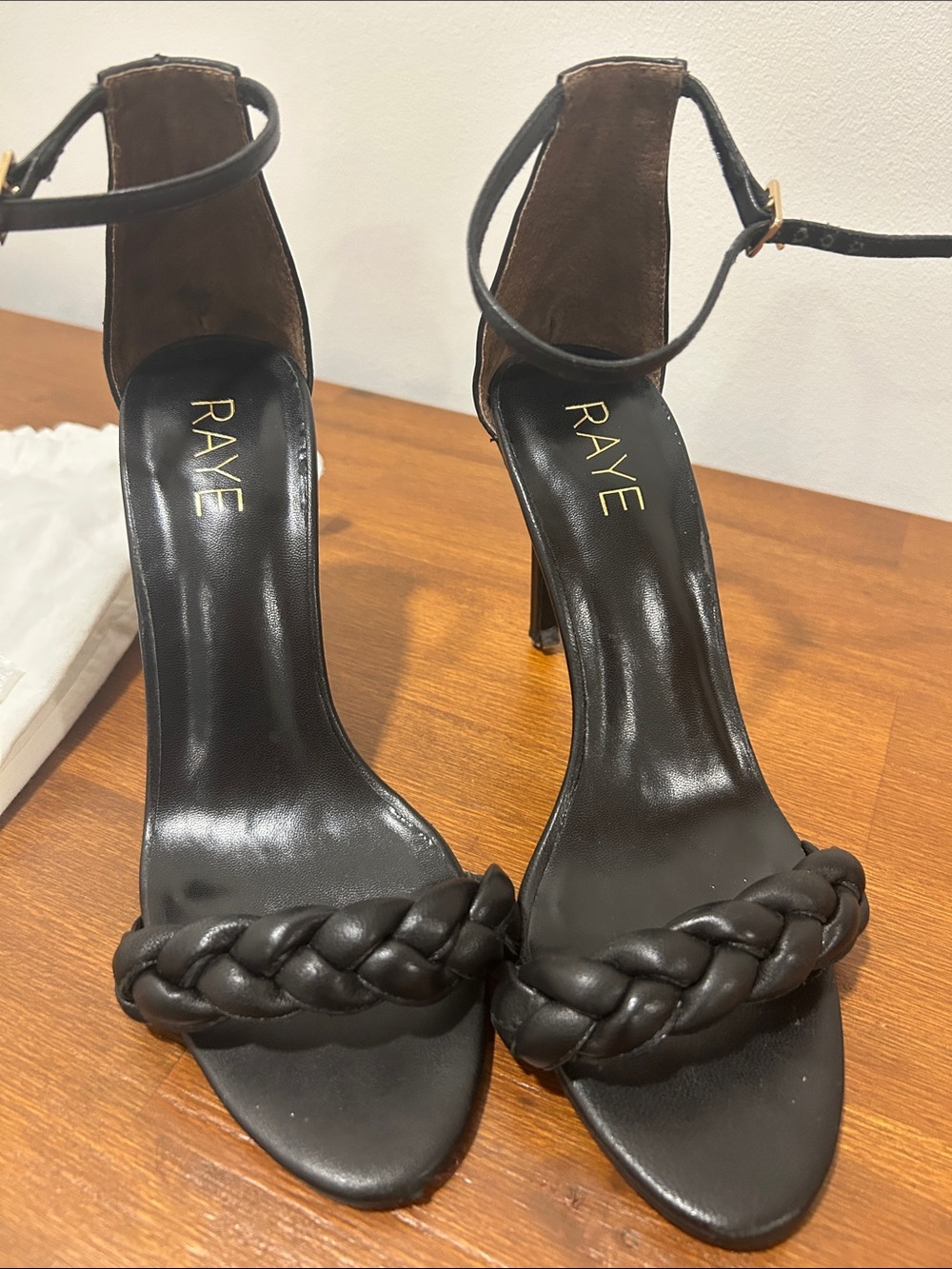 RAYE Black Braided Ankle-Strap Heels